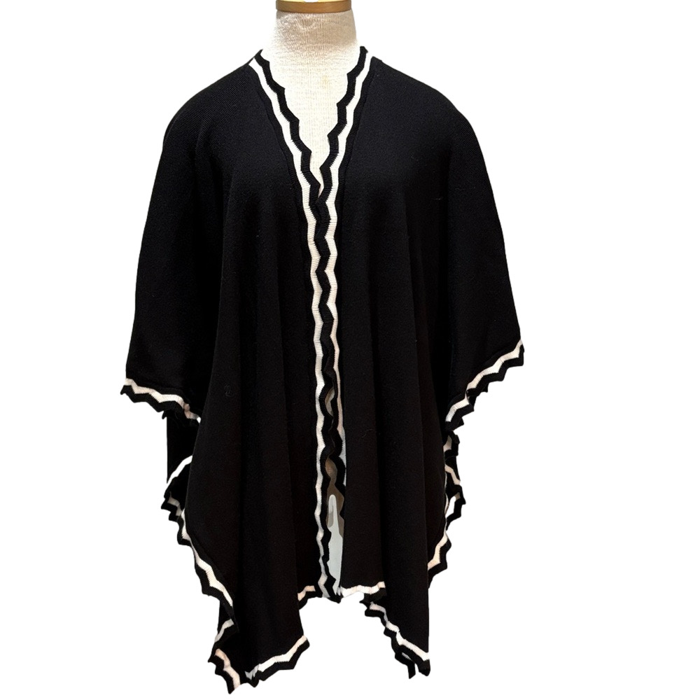 Chico’s sz L/XL black with white trim wool blend cape/shawl